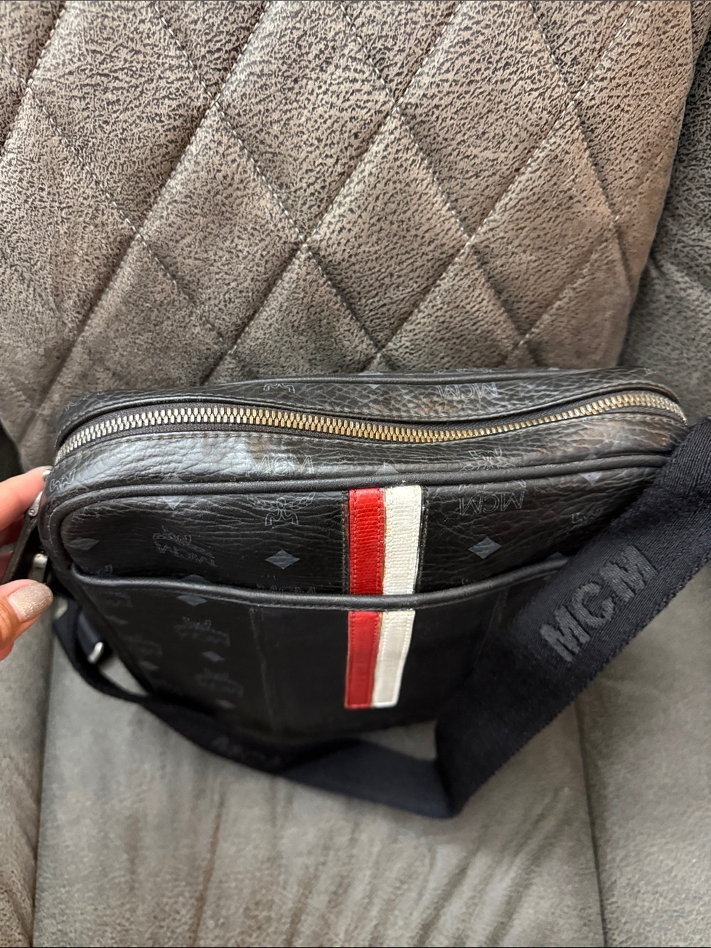 MCM- Black Crossbody Messenger Bag with Red-White Stripe - Picture 4 of 6